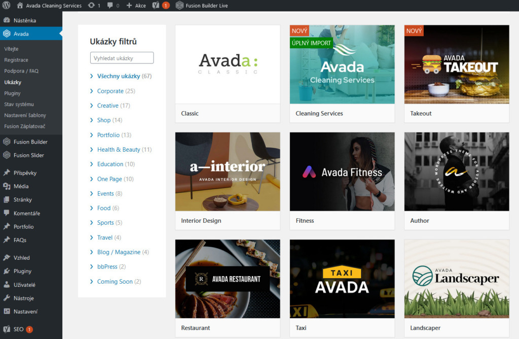 WordPress šablona Avada předpřipravené šablony