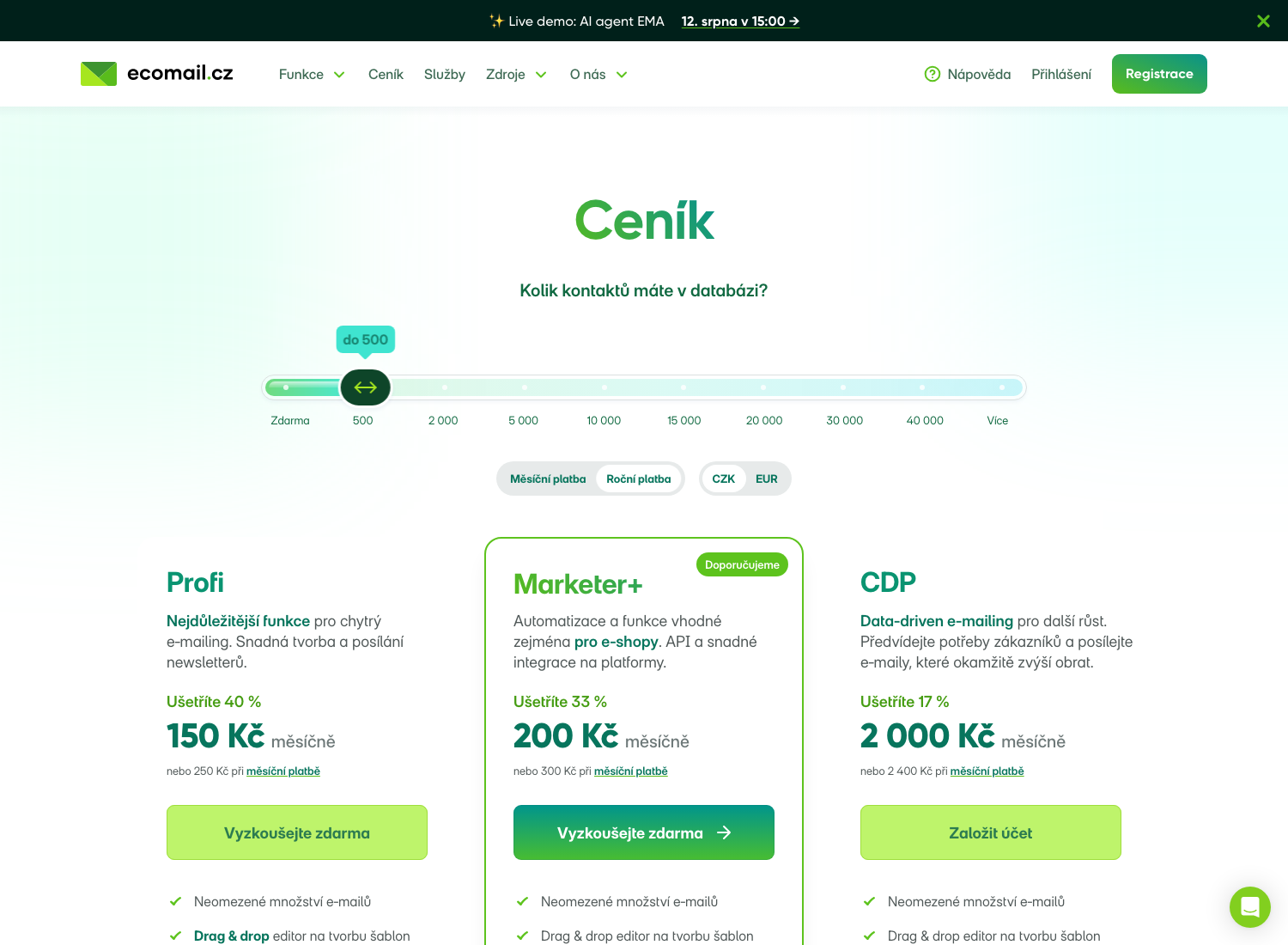 Aktuální ceník Ecomail (srpen 2026) – tarify Profi, Marketer+ a CDP podle počtu kontaktů