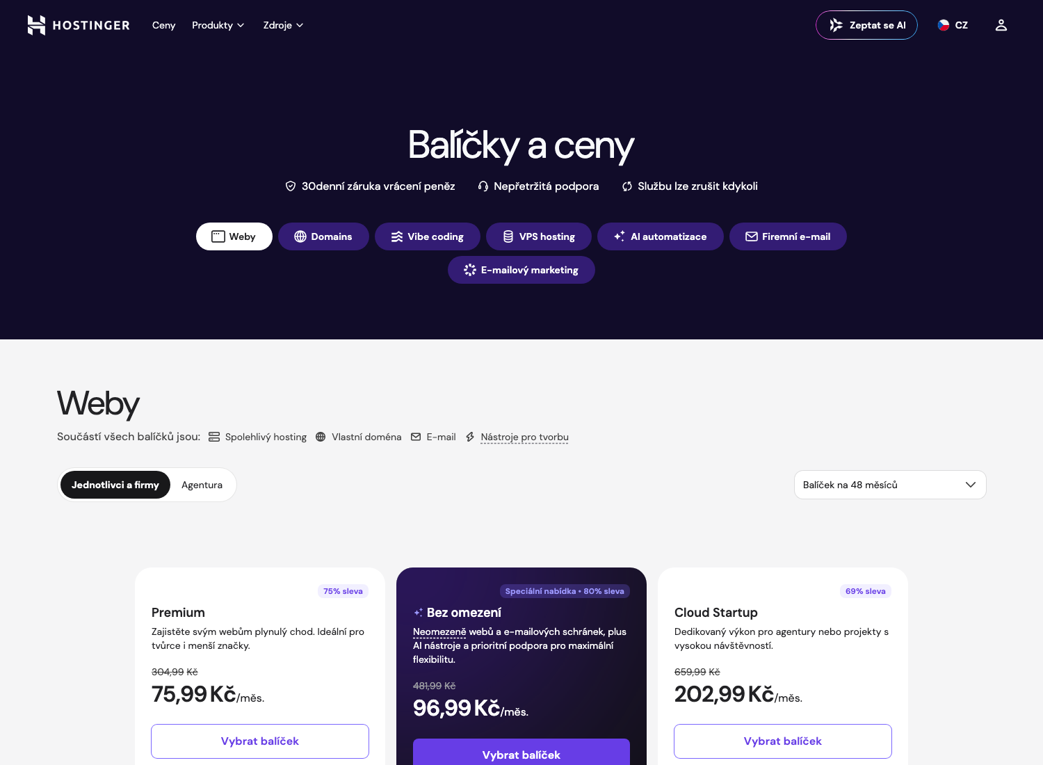 Aktuální ceník webhostingu Hostinger (srpen 2026)