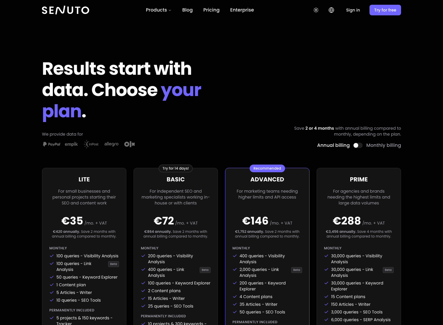 Aktu&aacute;ln&iacute; cen&iacute;k Senuto (srpen 2026) &ndash; tarify Lite, Basic, Advanced a Prime