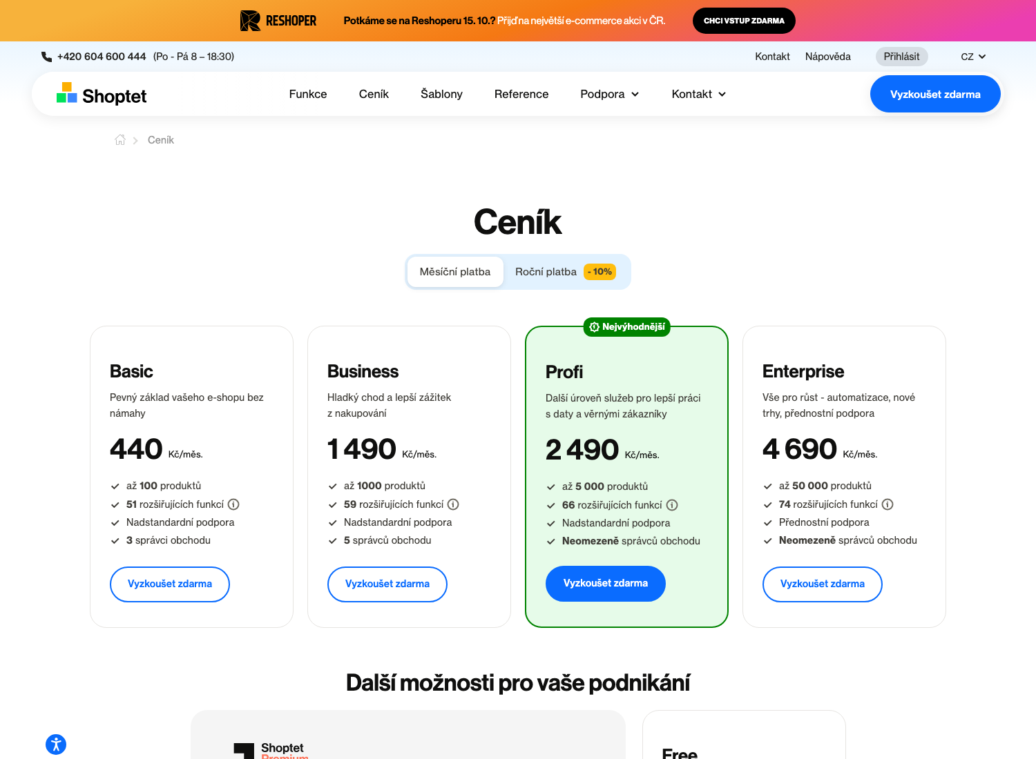 Aktuální ceník Shoptet (srpen 2026) – tarify Basic, Business, Profi a Enterprise