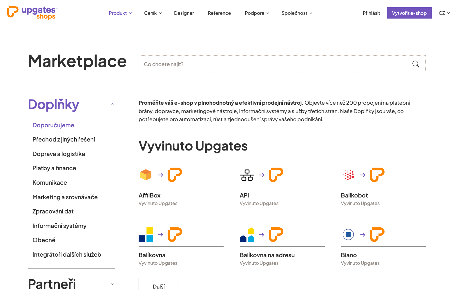 Doplňky a propojení v Upgates Marketplace