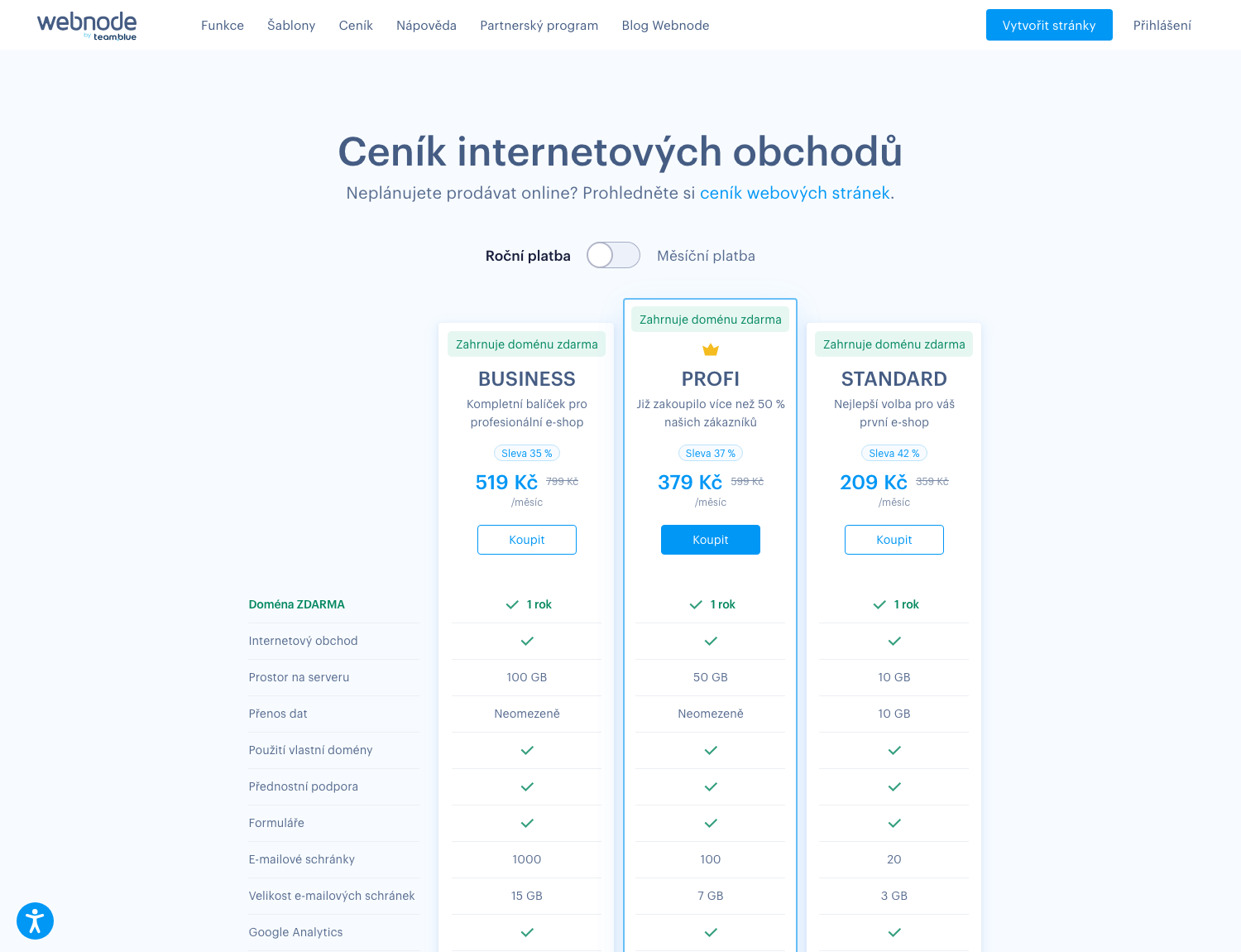Webnode cen&iacute;k e-shopů 2026 &ndash; bal&iacute;čky Standard, Profi a Business