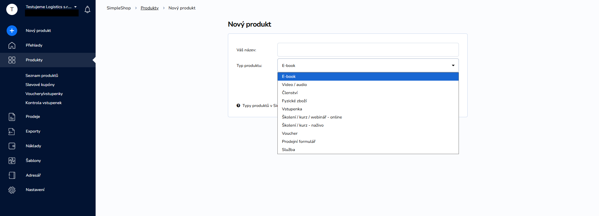 Výběr typu produktu při vytváření produktu v SimpleShop