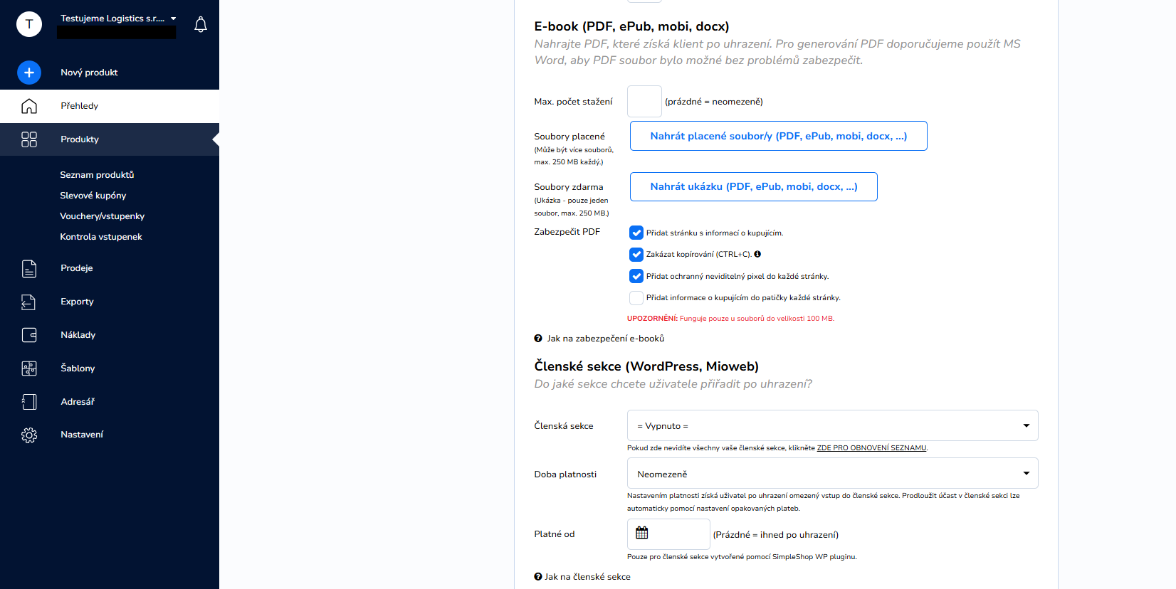 Nahrání e-booku a zabezpečení PDF v SimpleShop