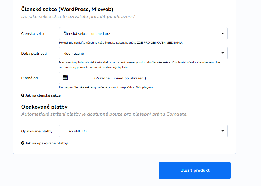 Napojení produktu na členskou sekci a opakované platby v SimpleShop