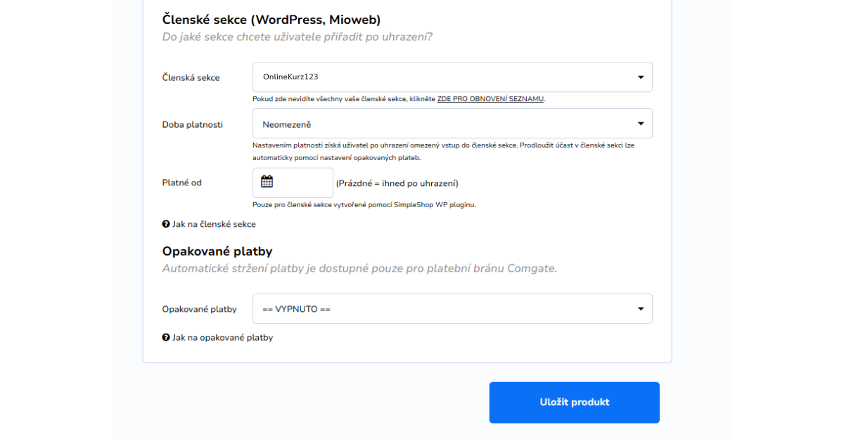 Výběr konkrétní členské sekce v nastavení produktu SimpleShop