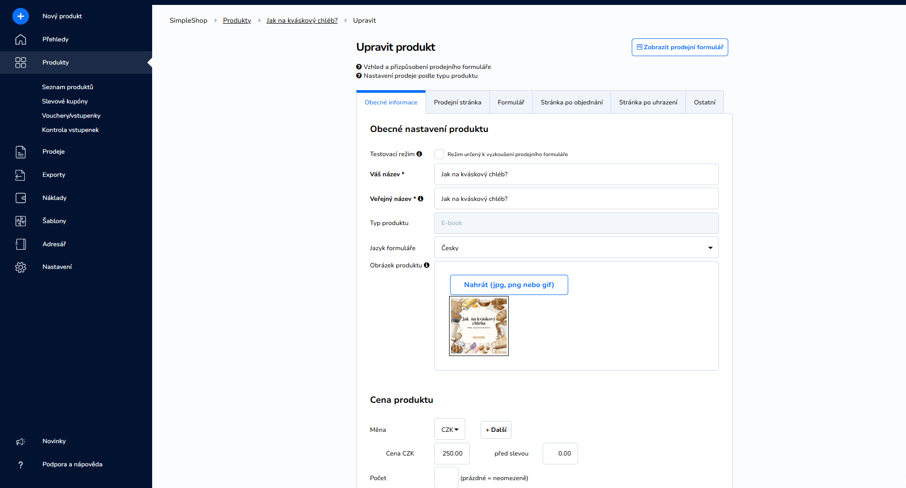 Obecné nastavení produktu v administraci SimpleShop