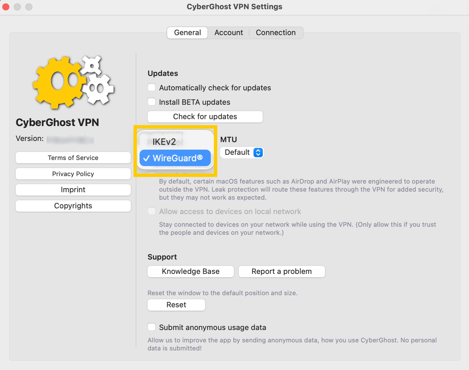 Výběr WireGuard nebo IKEv2 v CyberGhost pro macOS