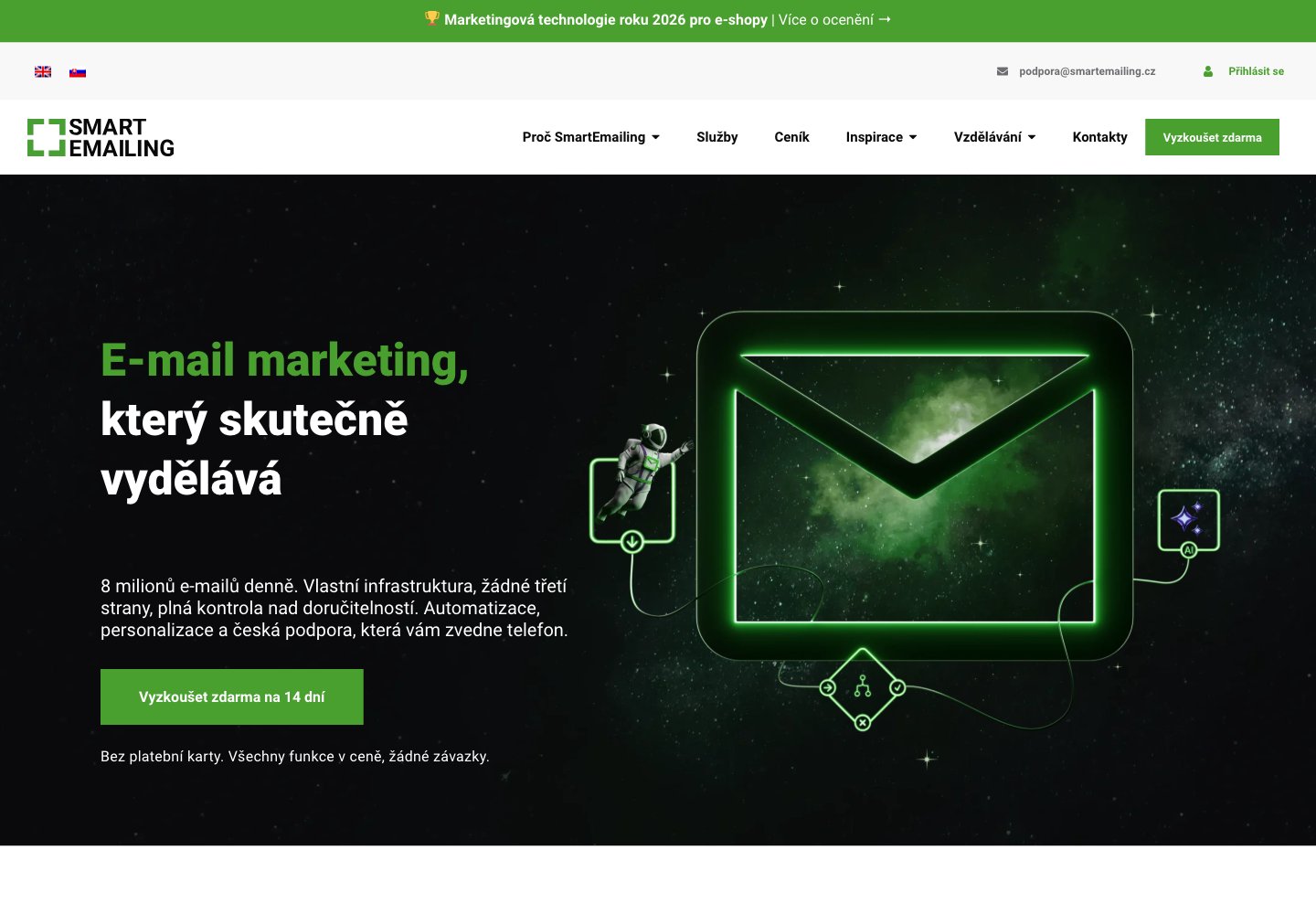 Úvodní stránka služby SmartEmailing – snímek z 11. září 2026