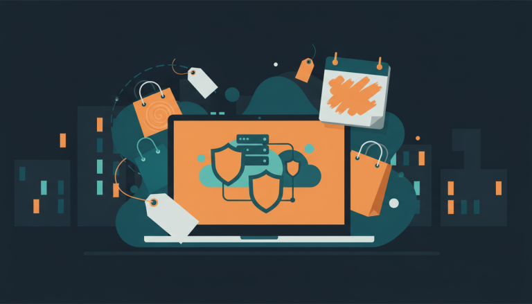 Ilustrace nákupů o Black Friday: notebook se štítem a cloudem, nákupní tašky a cenovky