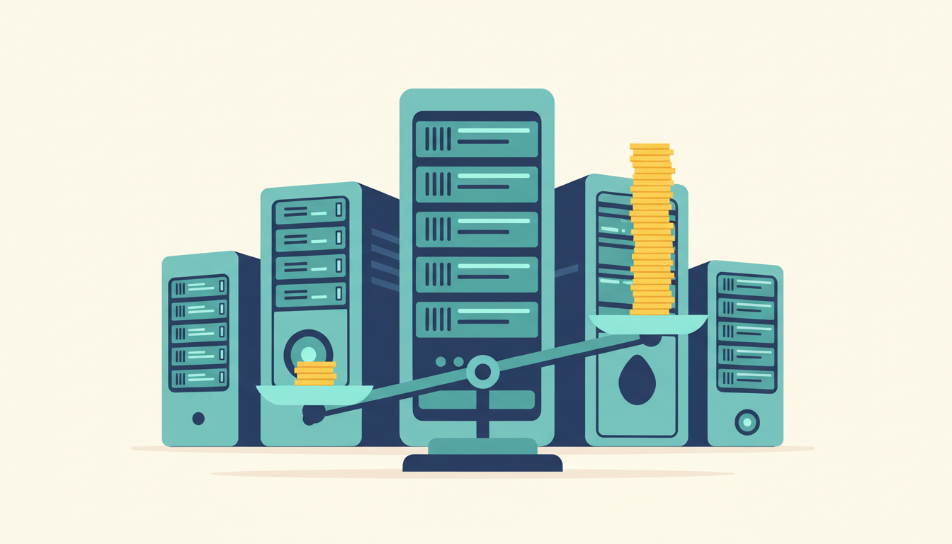 Ilustrace srovnání webhostingů: serverové skříně a váhy s mincemi