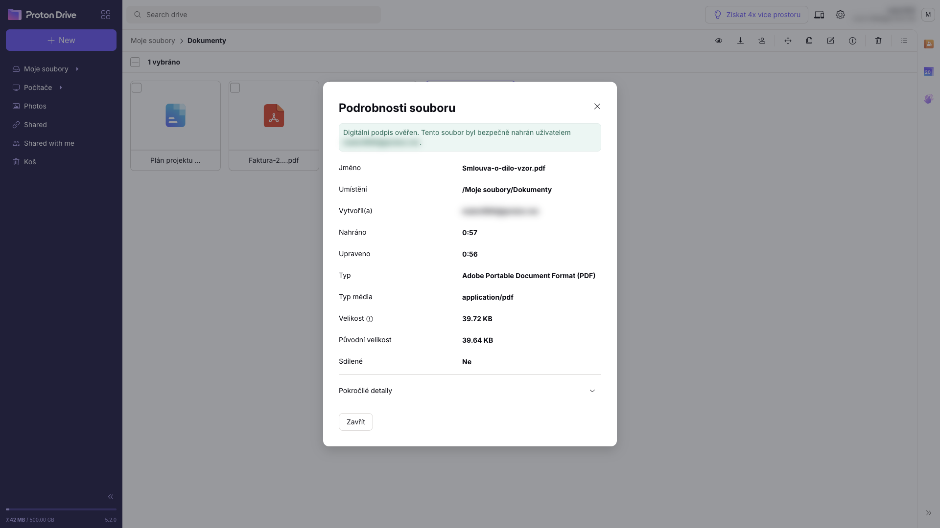 Detail souboru s ověřeným digitálním podpisem