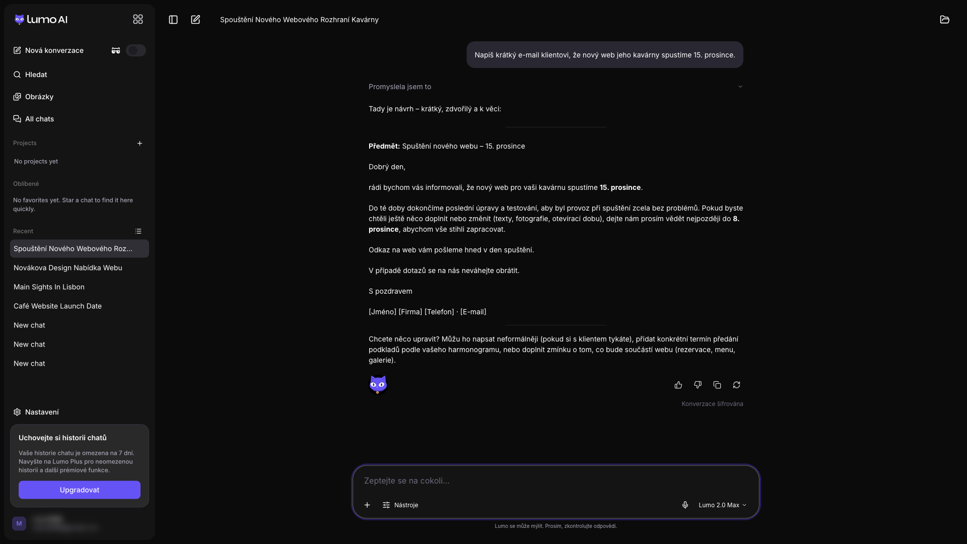 Návrh e-mailu od Lumo