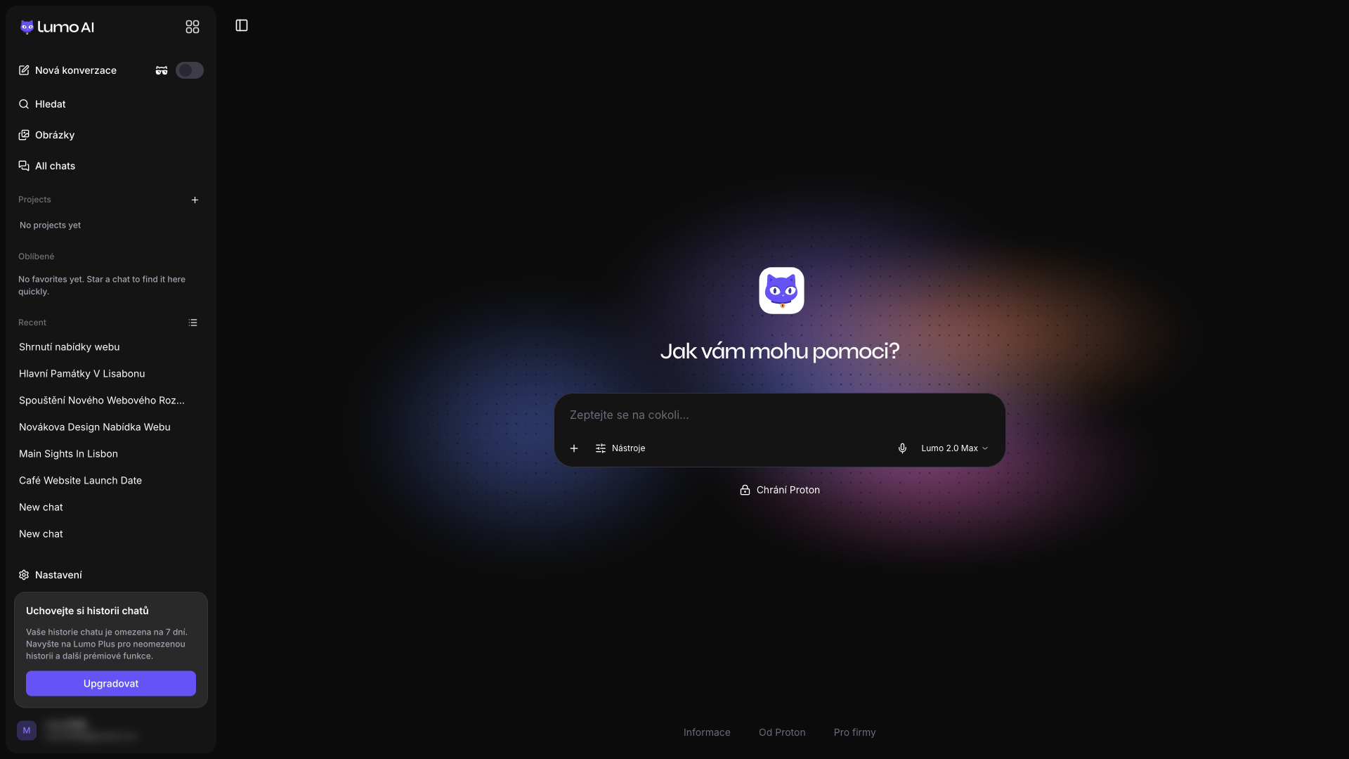 Postranní panel s anonymním režimem a projekty