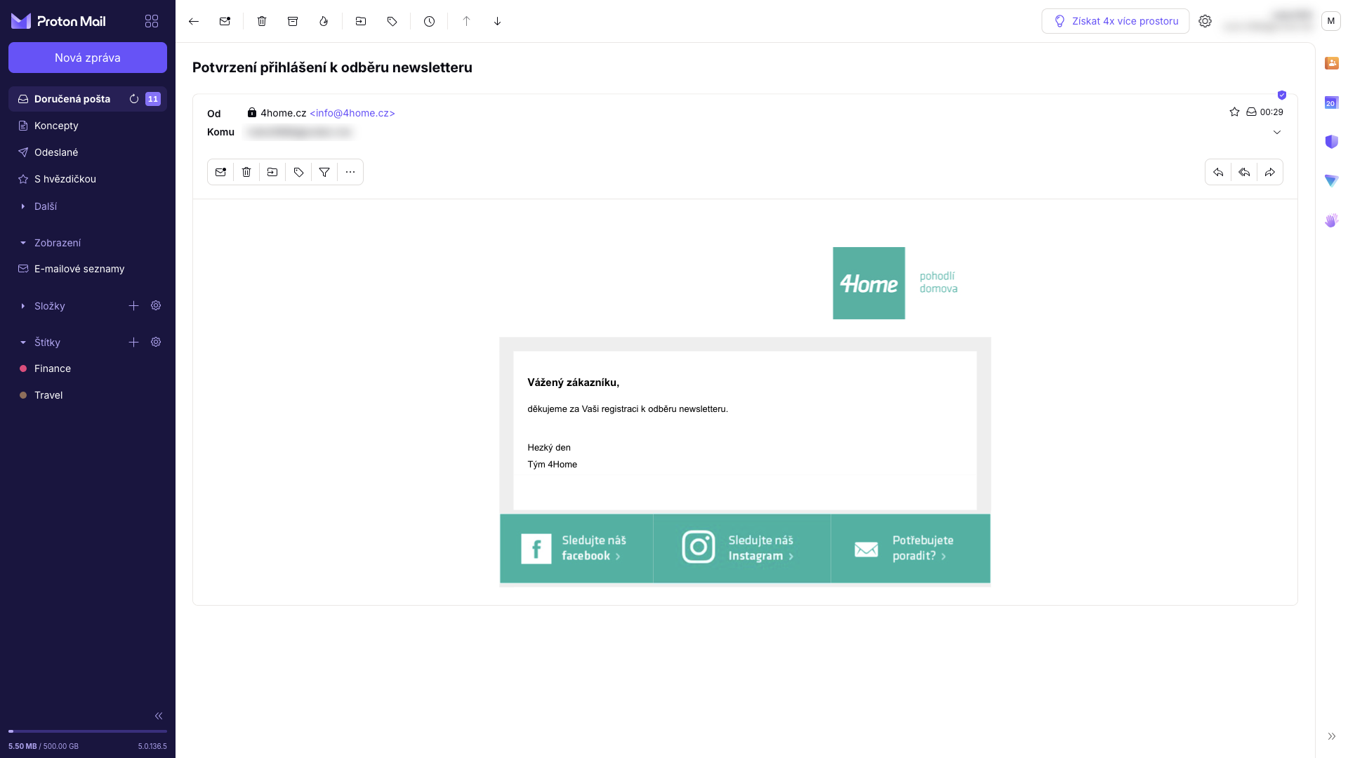 Zpráva z e-shopu s ochranou před sledováním