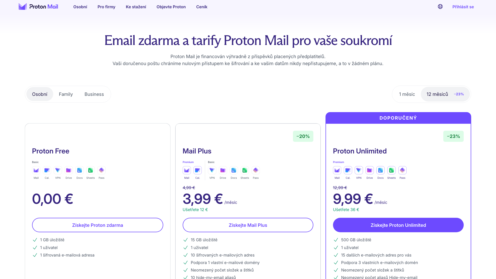 Ceník Proton Mail