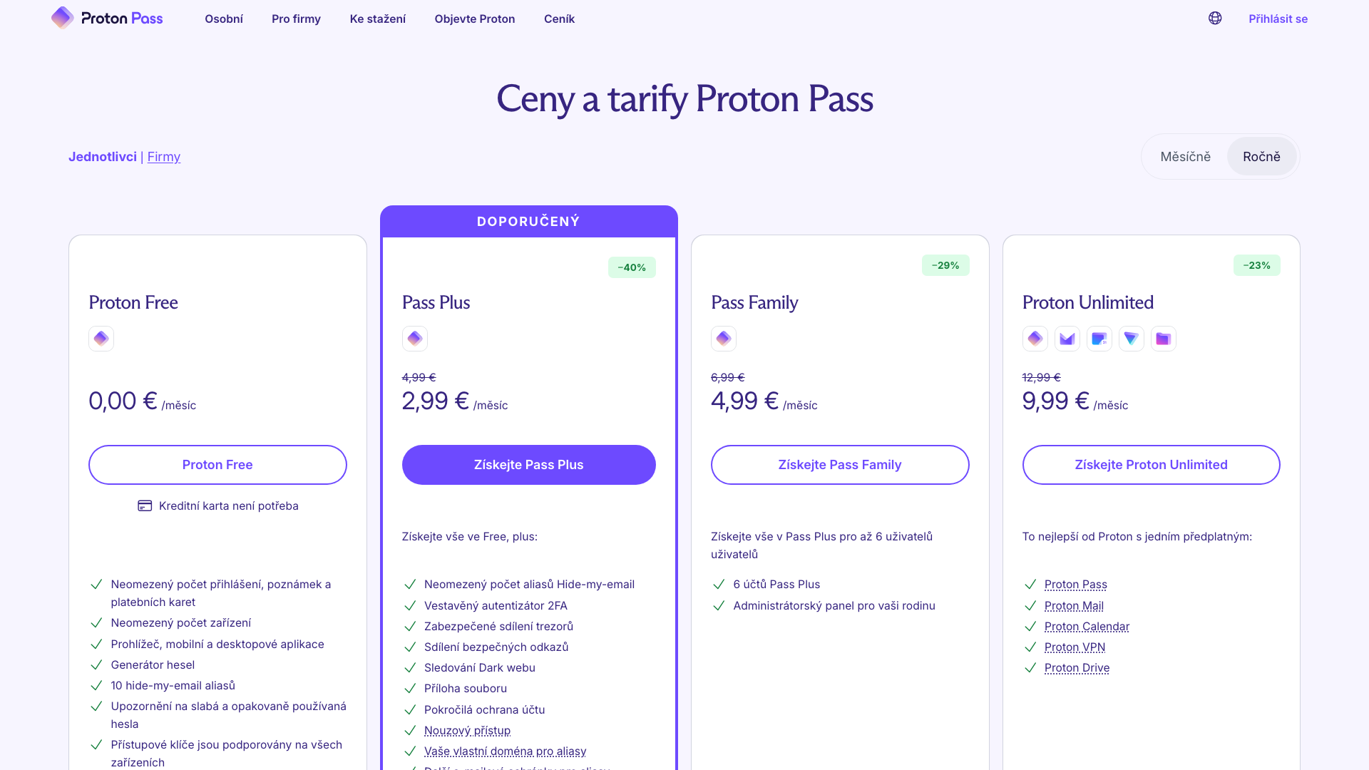 Ceník Proton Pass