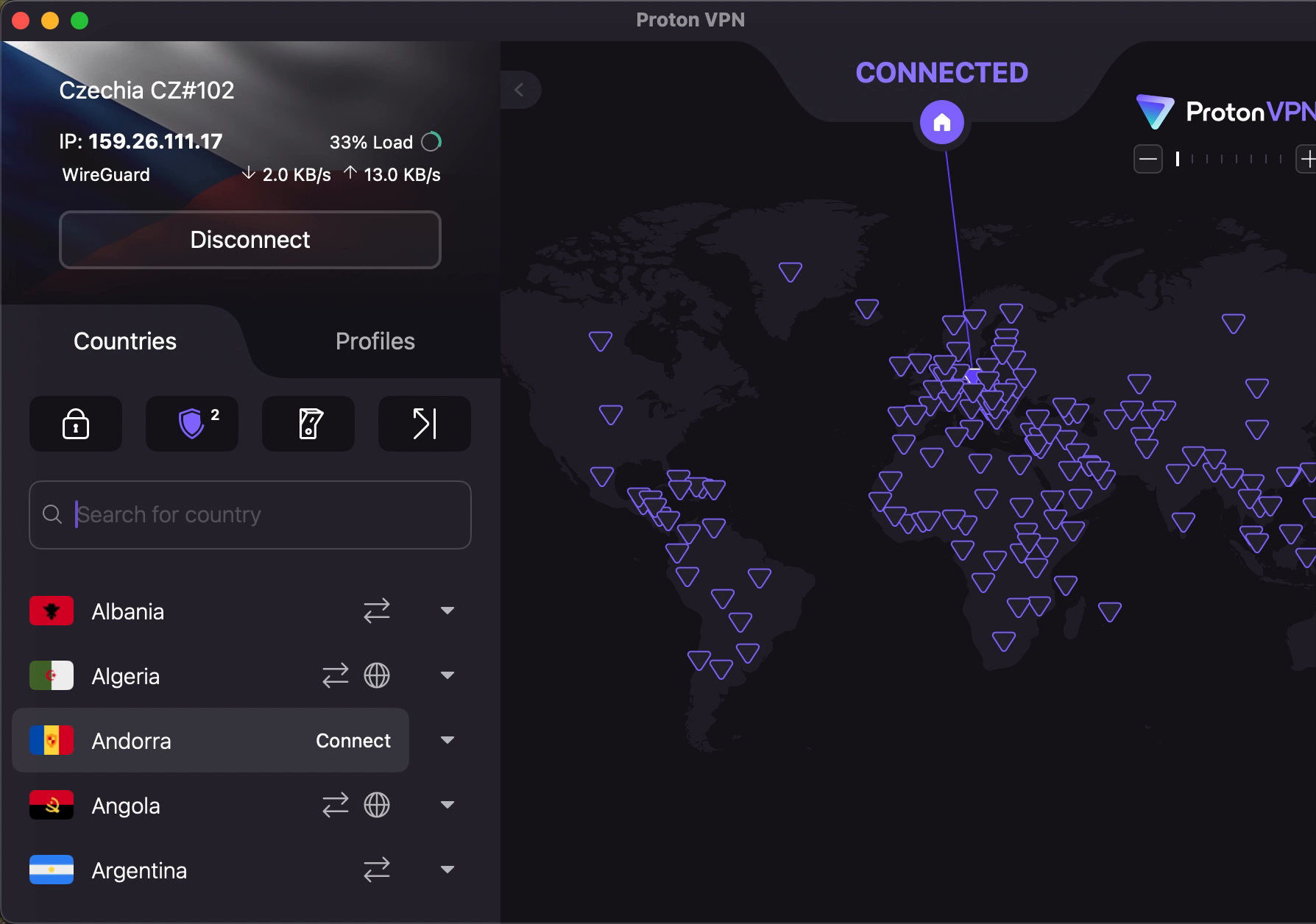 Aplikace Proton VPN pro Mac