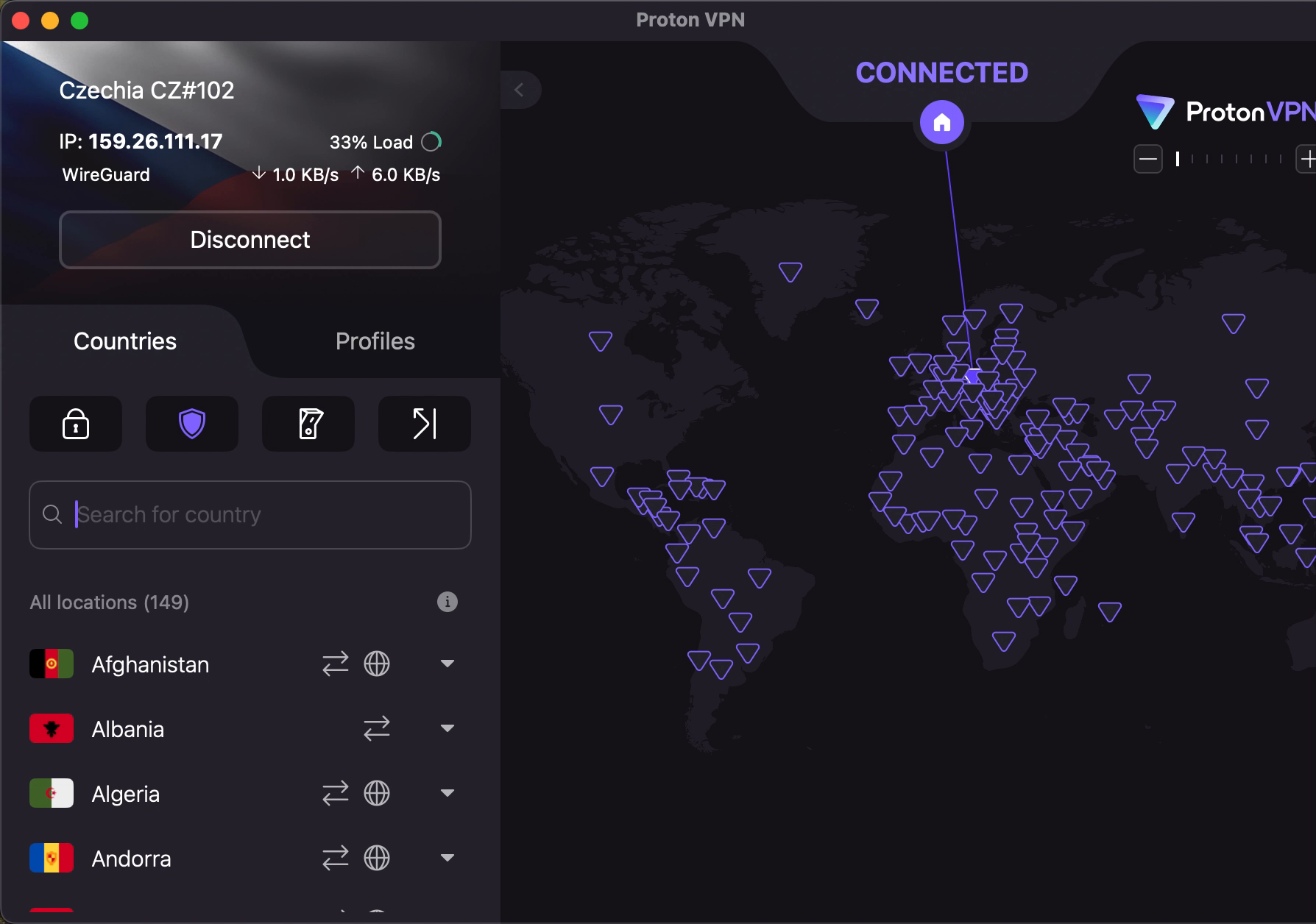 Připojeno přes Proton VPN