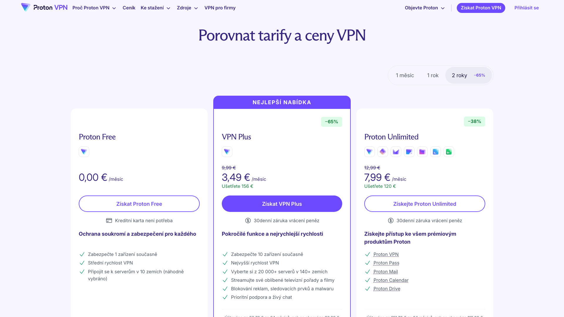 Ceník Proton VPN