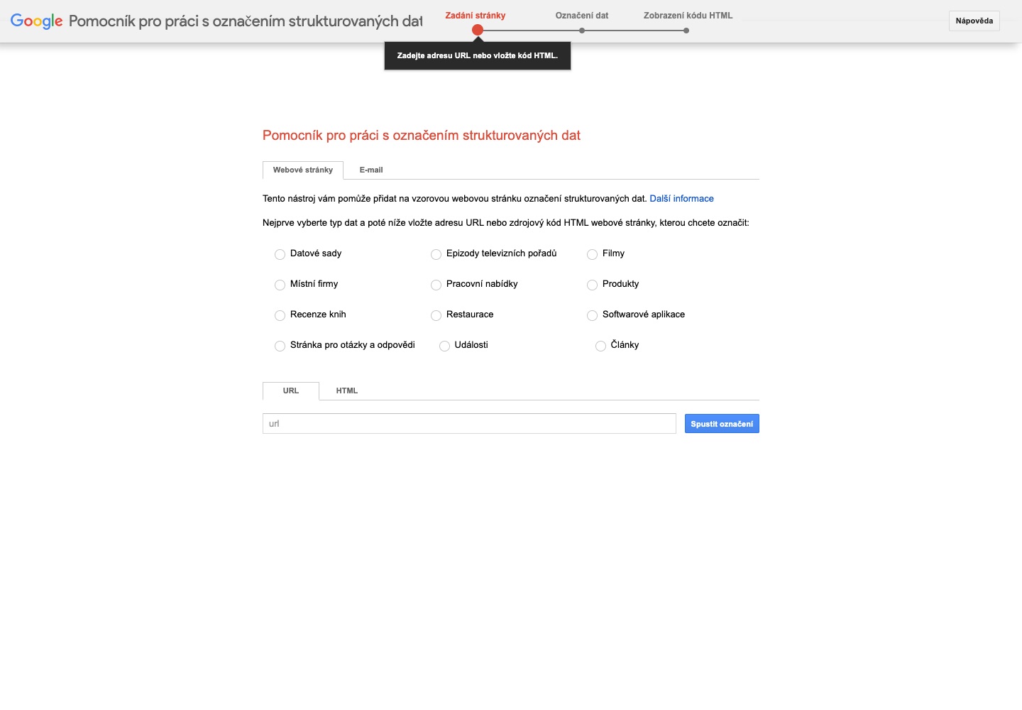 &Uacute;vodn&iacute; str&aacute;nka n&aacute;stroje Google Pomocn&iacute;k pro označen&iacute; strukturovan&yacute;ch dat &ndash; sn&iacute;mek z 19. 10. 2026